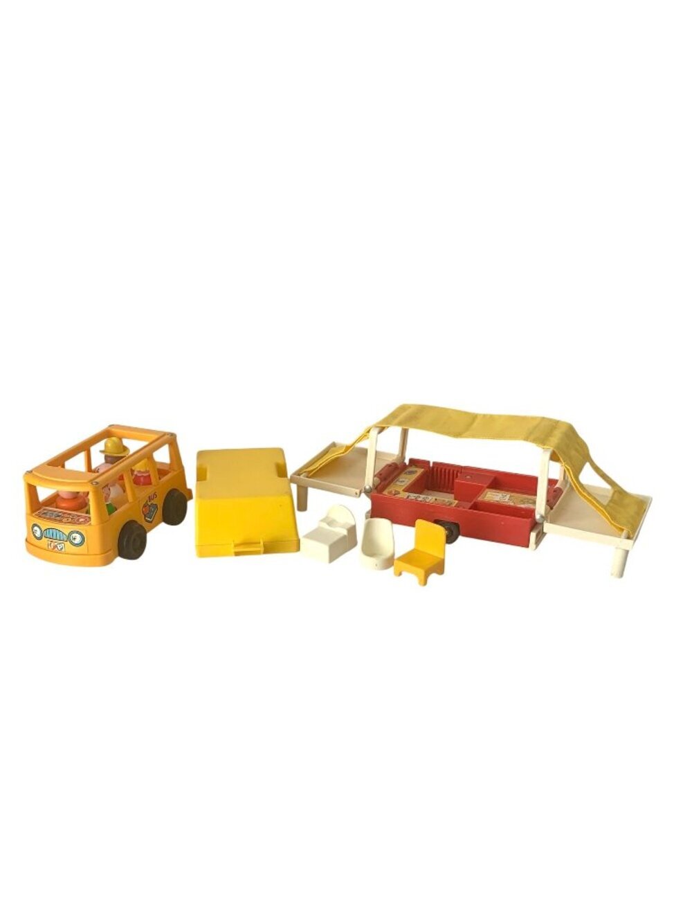 Vintage Fisher Price Camper & School Bus Set With 5 Plastic People & Accessories